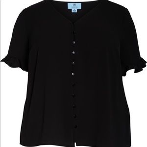 NWT CeCe Women’s Black Ruffle Sleeve Blouse Size 1X Button Front Dressy Top!
